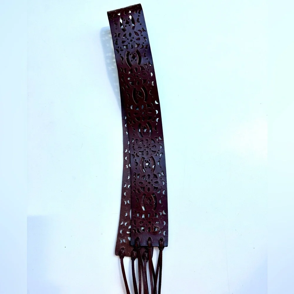 Elegant Leather Cutout Belt, Fringe Ties, Dark Brown